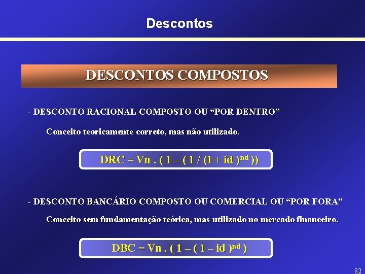 Descontos DESCONTOS COMPOSTOS - DESCONTO RACIONAL COMPOSTO OU “POR DENTRO” Conceito teoricamente correto, mas