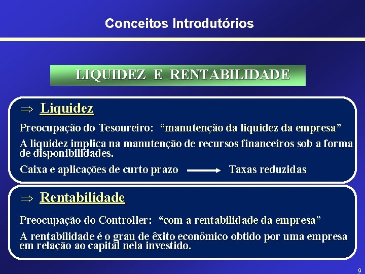 Conceitos Introdutórios LIQUIDEZ E RENTABILIDADE Þ Liquidez Preocupação do Tesoureiro: “manutenção da liquidez da