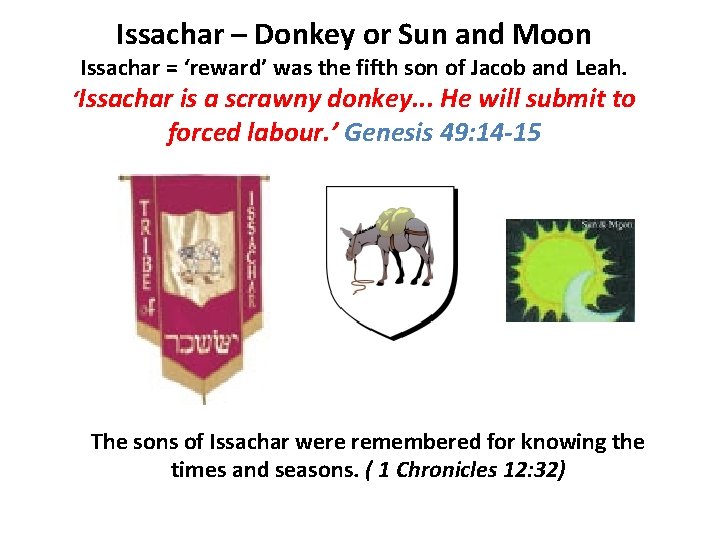 Issachar – Donkey or Sun and Moon Issachar = ‘reward’ was the fifth son