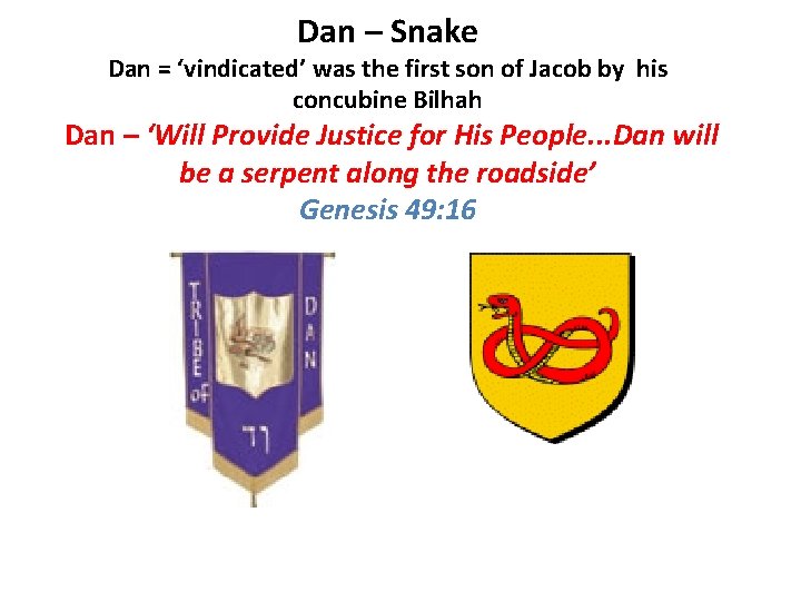 Dan – Snake Dan = ‘vindicated’ was the first son of Jacob by his