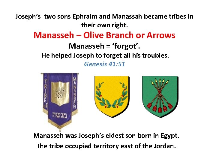 Joseph’s two sons Ephraim and Manassah became tribes in their own right. Manasseh –