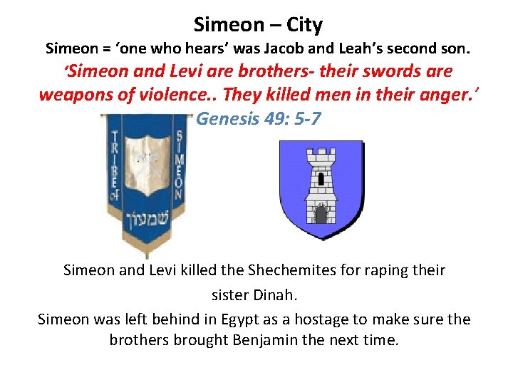 Simeon – City Simeon = ‘one who hears’ was Jacob and Leah’s second son.