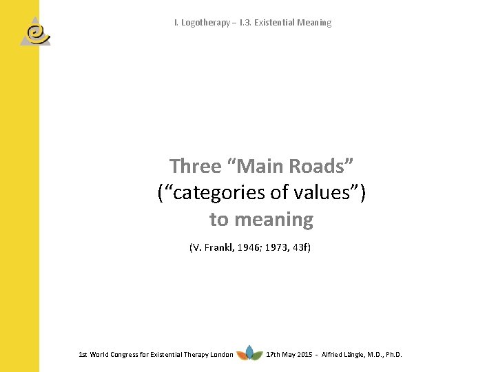I. Logotherapy I. 3. Existential Meaning Three “Main Roads” (“categories of values”) to meaning
