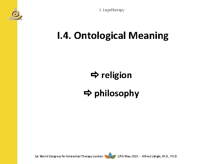 I. Logotherapy I. 4. Ontological Meaning religion philosophy 1 st World Congress for Existential