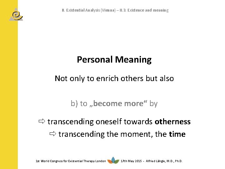 II. Existential Analysis (Vienna) – II. 3. Existence and meaning Personal Meaning Not only