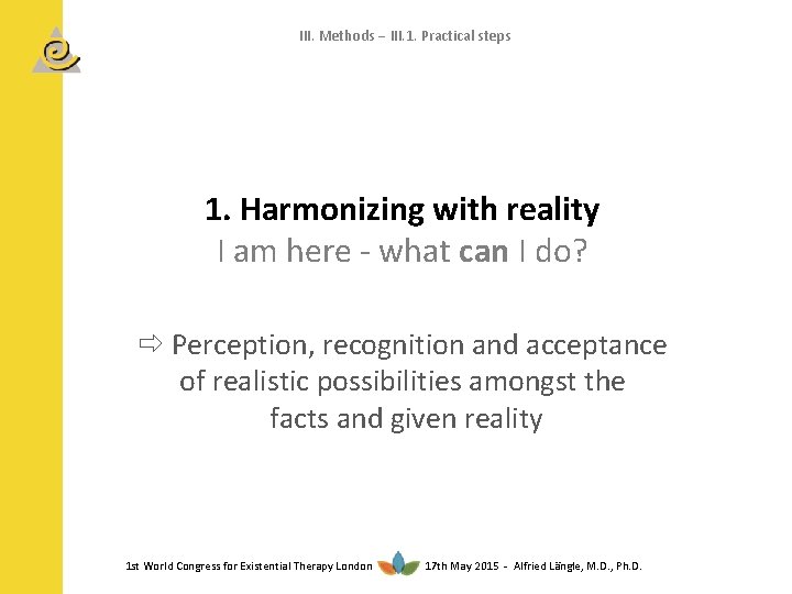 III. Methods III. 1. Practical steps 1. Harmonizing with reality I am here -