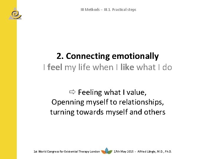 III Methods III. 1. Practical steps 2. Connecting emotionally I feel my life when