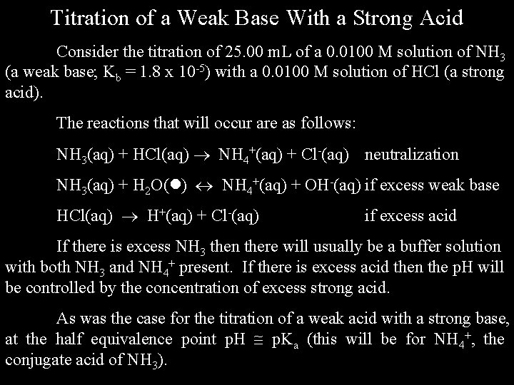 Titration of a Weak Base With a Strong Acid Consider the titration of 25.