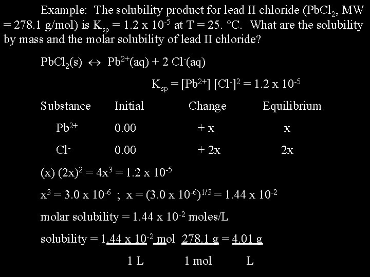 Example: The solubility product for lead II chloride (Pb. Cl 2, MW = 278.