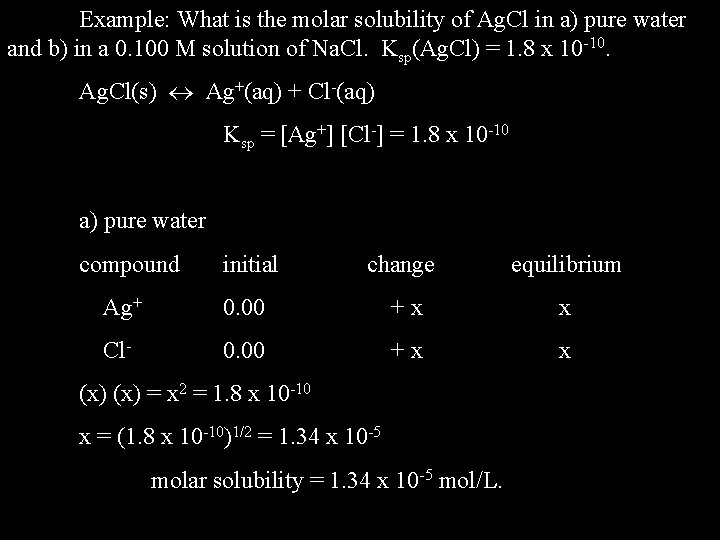 Example: What is the molar solubility of Ag. Cl in a) pure water and