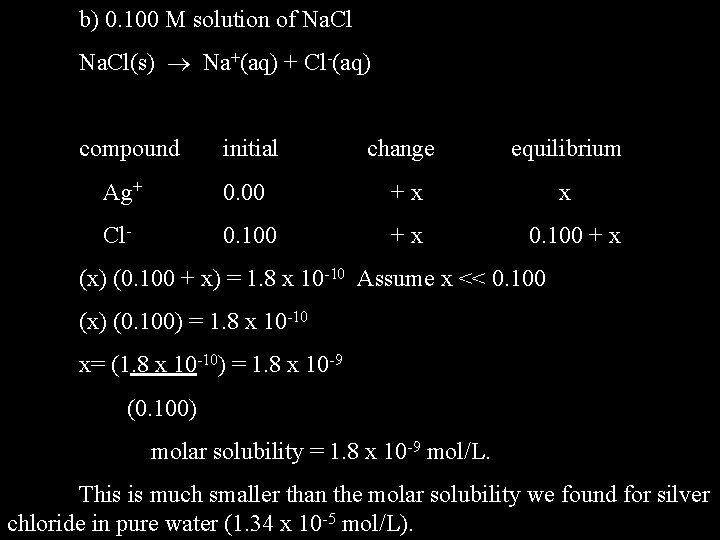b) 0. 100 M solution of Na. Cl(s) Na+(aq) + Cl-(aq) compound initial change