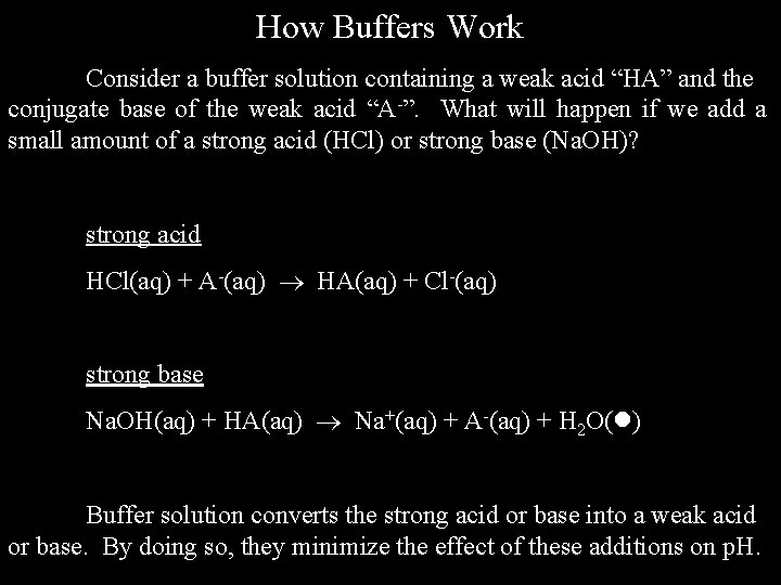 How Buffers Work Consider a buffer solution containing a weak acid “HA” and the