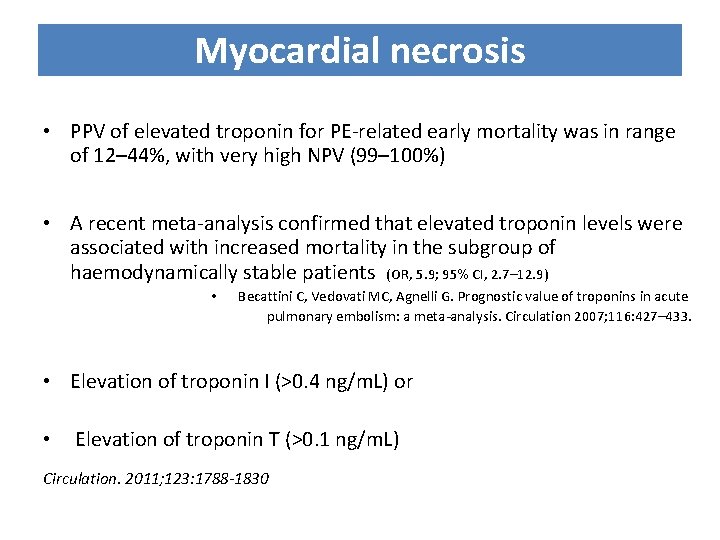 Myocardial necrosis • PPV of elevated troponin for PE-related early mortality was in range