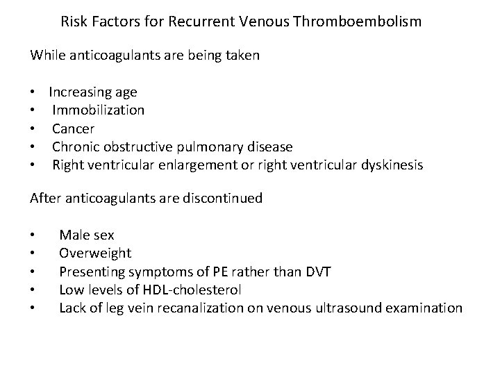 Risk Factors for Recurrent Venous Thromboembolism While anticoagulants are being taken • Increasing age