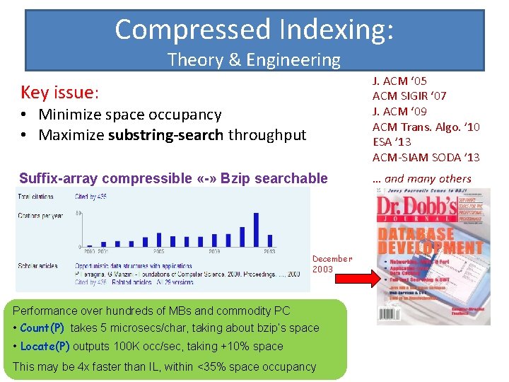 Compressed Indexing: Theory & Engineering • Minimize space occupancy • Maximize substring-search throughput J.