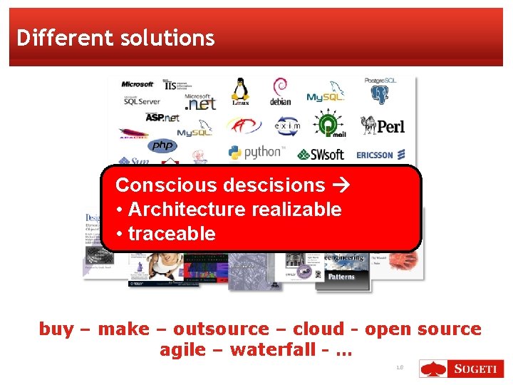 Different solutions Conscious descisions • Architecture realizable • traceable buy – make – outsource