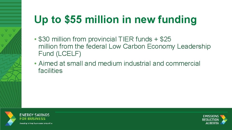 Up to $55 million in new funding • $30 million from provincial TIER funds