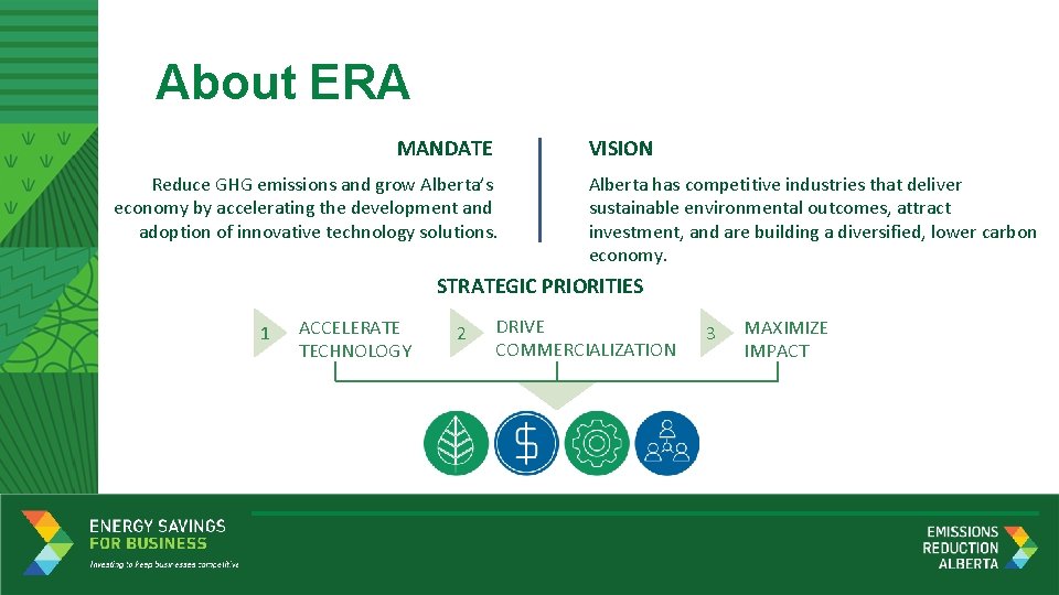 About ERA MANDATE VISION Reduce GHG emissions and grow Alberta’s economy by accelerating the