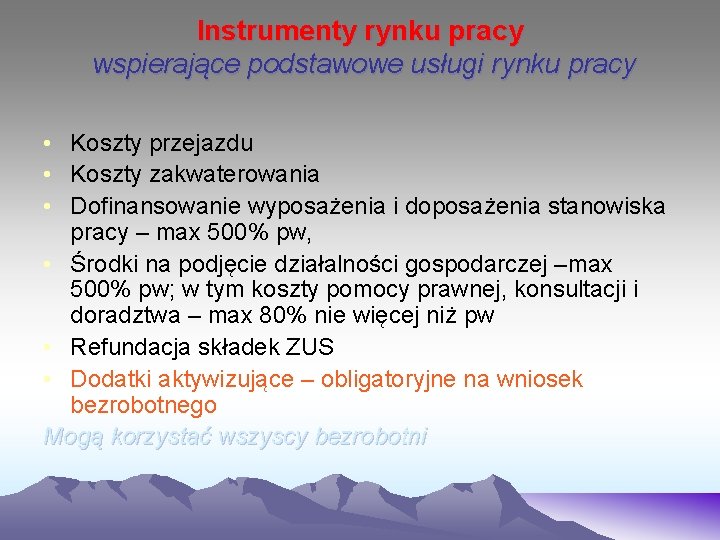 Instrumenty rynku pracy wspierające podstawowe usługi rynku pracy • Koszty przejazdu • Koszty zakwaterowania