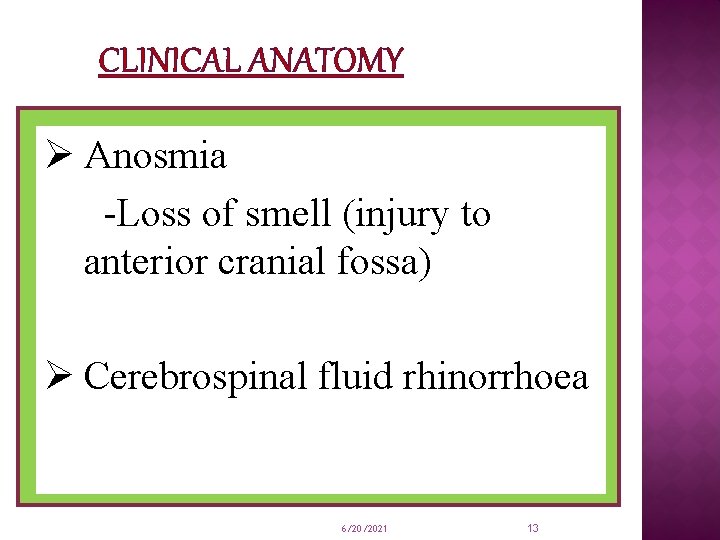 CLINICAL ANATOMY Ø Anosmia -Loss of smell (injury to anterior cranial fossa) Ø Cerebrospinal