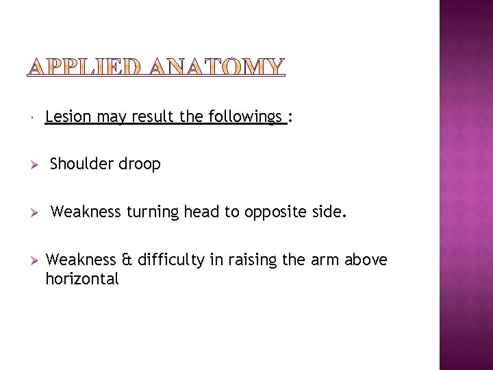  Lesion may result the followings : Ø Shoulder droop Ø Weakness turning head