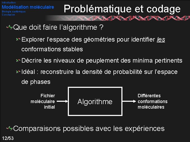 Introduction Modélisation moléculaire Biologie systémique Conclusion Problématique et codage Que doit faire l’algorithme ?