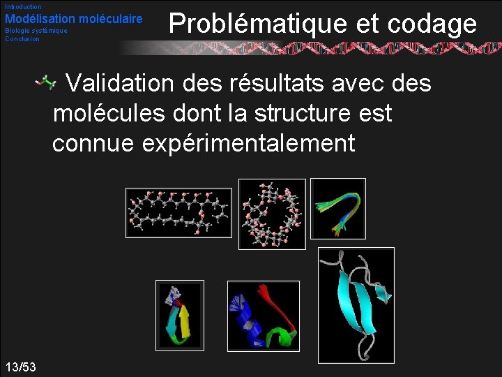Introduction Modélisation moléculaire Biologie systémique Conclusion Problématique et codage Validation des résultats avec des