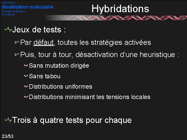Introduction Modélisation moléculaire Biologie systémique Conclusion Hybridations Jeux de tests : Par défaut, toutes