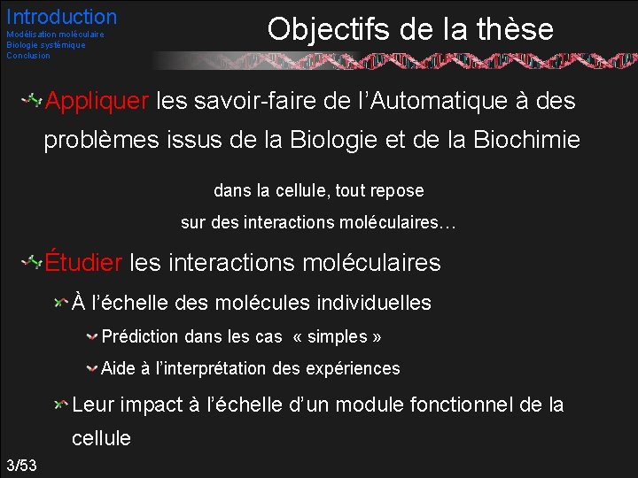 Introduction Modélisation moléculaire Biologie systémique Conclusion Objectifs de la thèse Appliquer les savoir-faire de