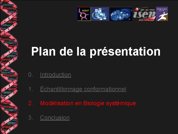 Plan de la présentation 0. Introduction 1. Échantillonnage conformationnel 2. Modélisation en Biologie systémique