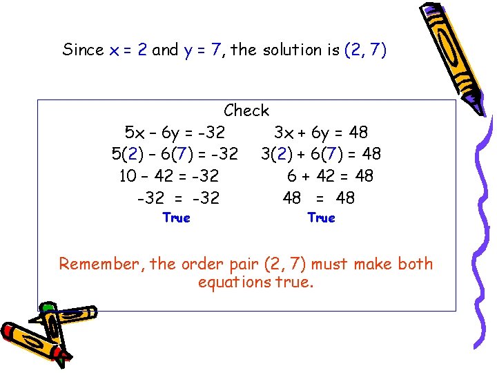 Since x = 2 and y = 7, the solution is (2, 7) Check