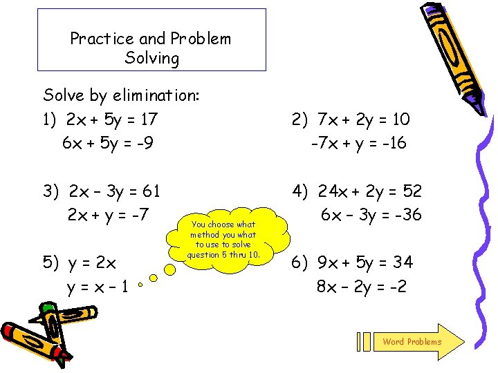 Practice and Problem Solving Solve by elimination: 1) 2 x + 5 y =