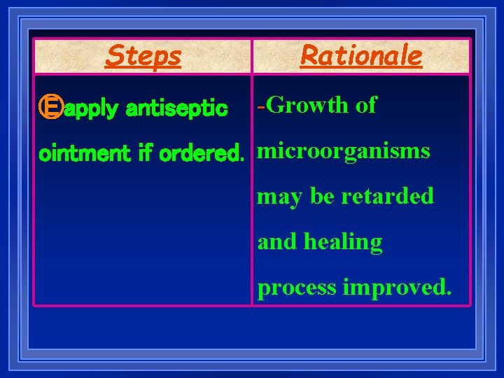 Steps Ⓔapply antiseptic Rationale -Growth of ointment if ordered. microorganisms may be retarded and