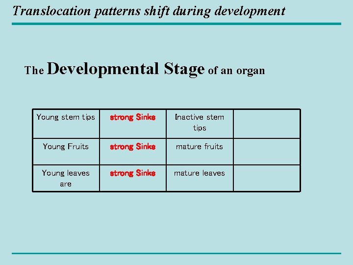 Translocation patterns shift during development The Developmental Stage of an organ Young stem tips