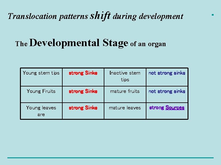 Translocation patterns shift during development The Developmental Stage of an organ Young stem tips