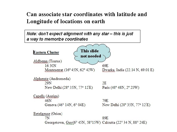 Can associate star coordinates with latitude and Longitude of locations on earth Note: don’t