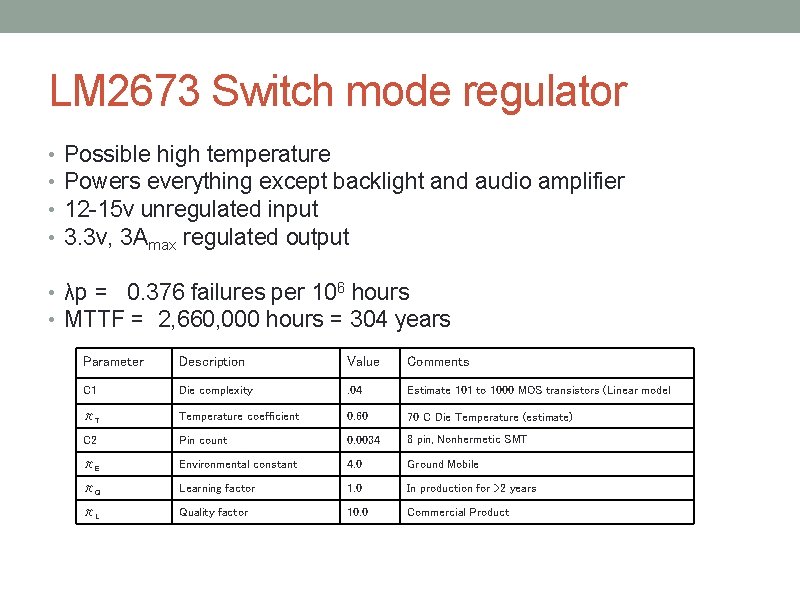 LM 2673 Switch mode regulator • • Possible high temperature Powers everything except backlight