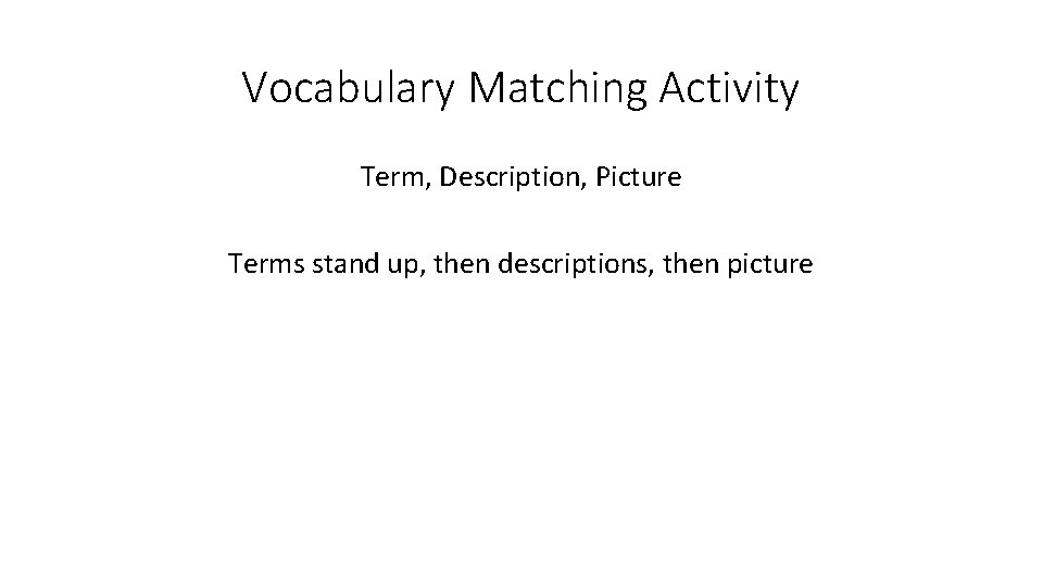Vocabulary Matching Activity Term, Description, Picture Terms stand up, then descriptions, then picture 