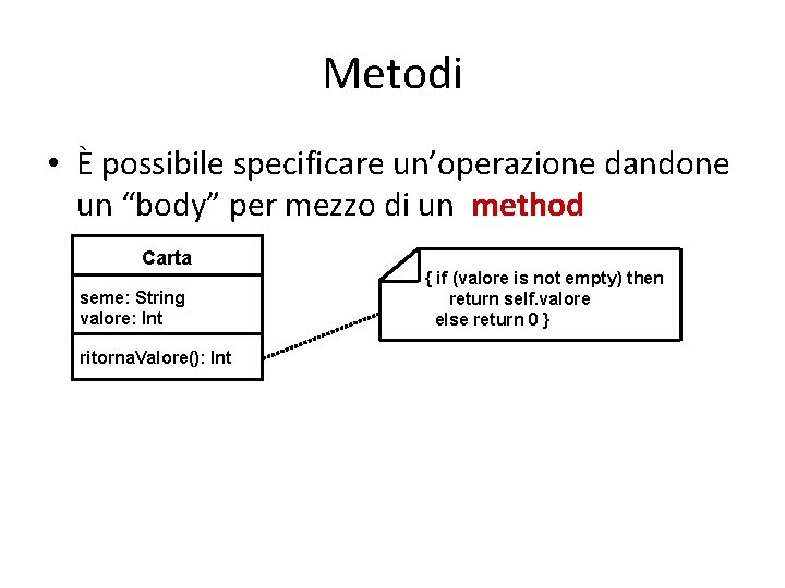 Metodi • È possibile specificare un’operazione dandone un “body” per mezzo di un method