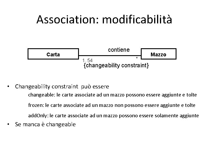 Association: modificabilità contiene Carta 1. . 54 * Mazzo {changeability constraint} • Changeability constraint