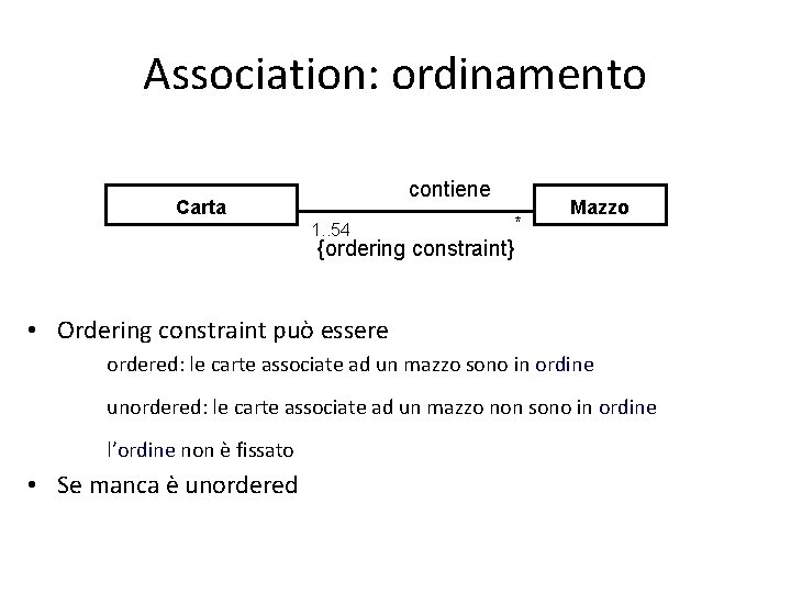 Association: ordinamento contiene Carta 1. . 54 * Mazzo {ordering constraint} • Ordering constraint