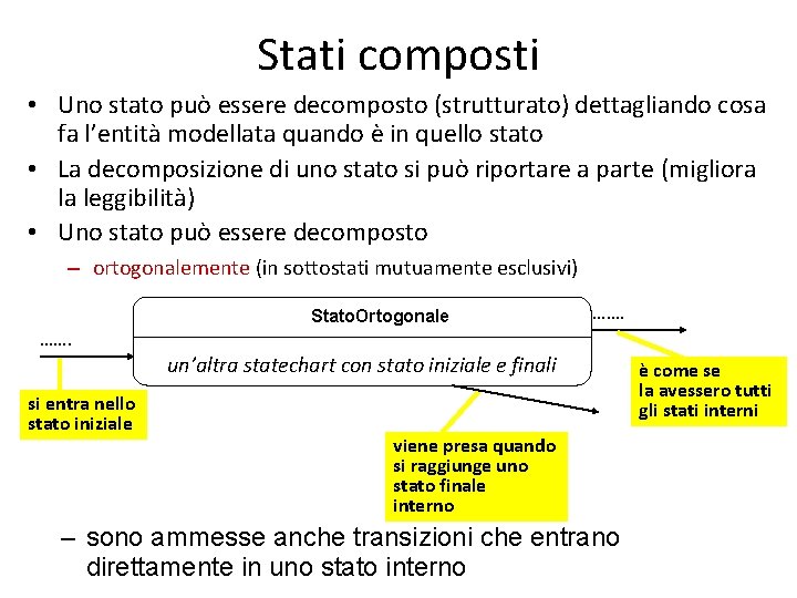 Stati composti • Uno stato può essere decomposto (strutturato) dettagliando cosa fa l’entità modellata