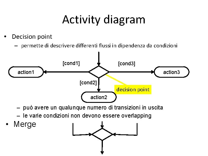 Activity diagram • Decision point – permette di descrivere differenti flussi in dipendenza da