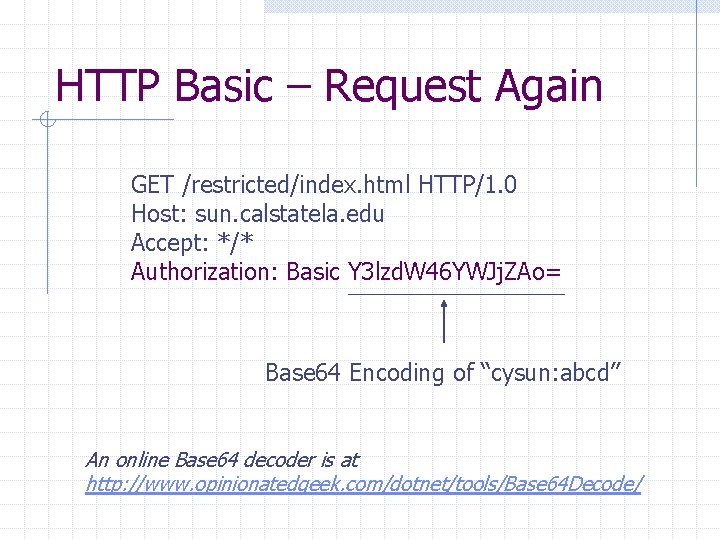 HTTP Basic – Request Again GET /restricted/index. html HTTP/1. 0 Host: sun. calstatela. edu