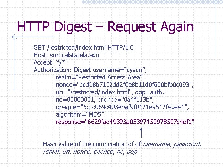 HTTP Digest – Request Again GET /restricted/index. html HTTP/1. 0 Host: sun. calstatela. edu