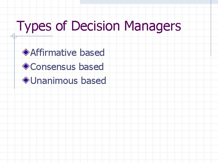Types of Decision Managers Affirmative based Consensus based Unanimous based 