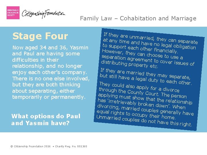 Family Law – Cohabitation and Marriage Stage Four Now aged 34 and 36, Yasmin