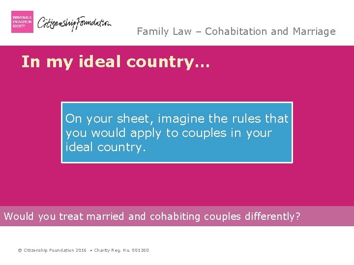 Family Law – Cohabitation and Marriage In my ideal country… On your sheet, imagine