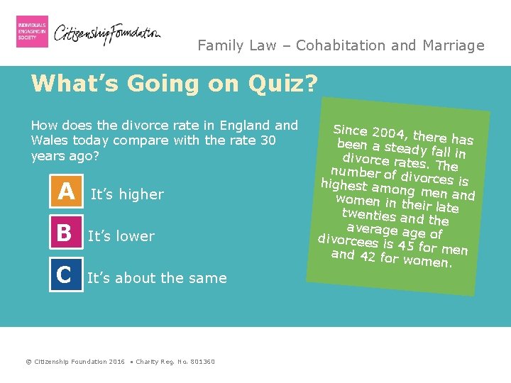 Family Law – Cohabitation and Marriage What’s Going on Quiz? How does the divorce