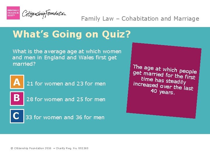 Family Law – Cohabitation and Marriage What’s Going on Quiz? What is the average